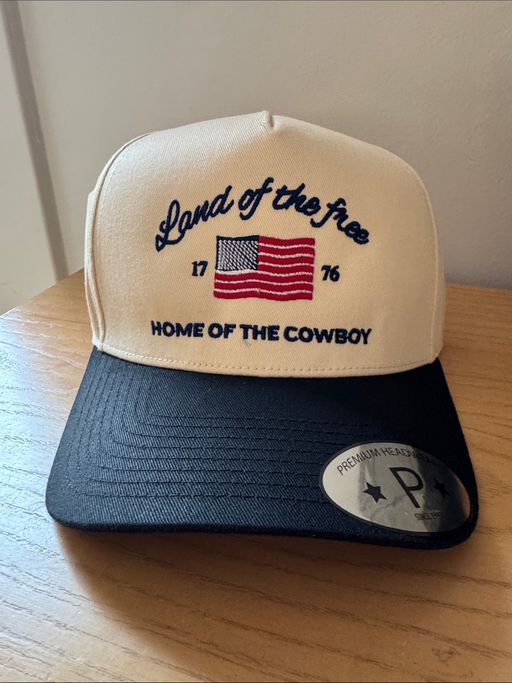 Land of the Free Home of the Cowboy Two-Tone Trucker Hat - Cream & Blue